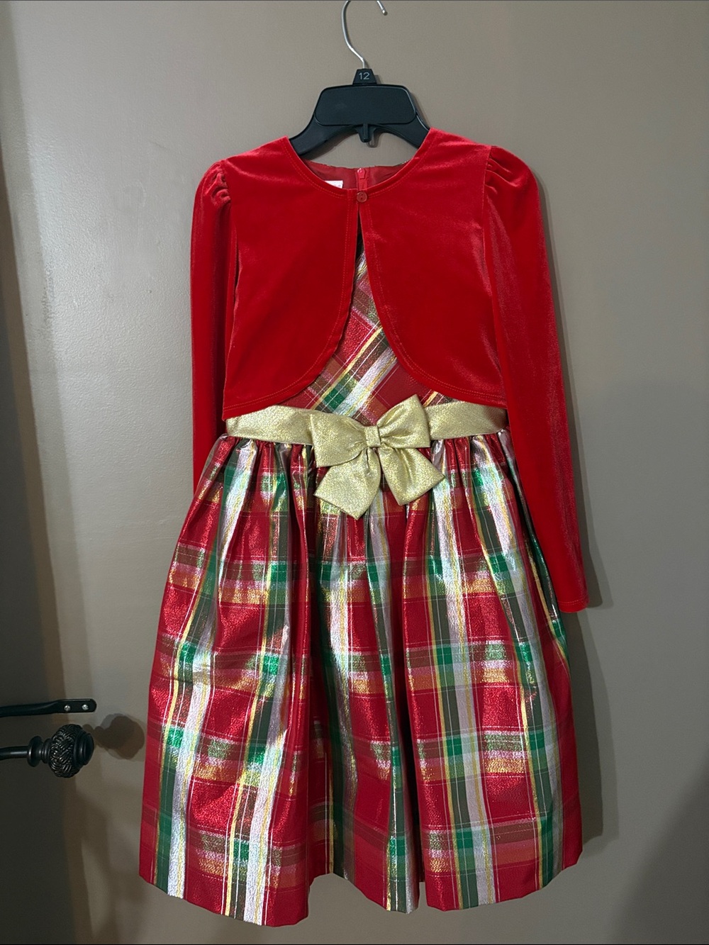 Bonnie Jean Red Velvet & Plaid Holiday Dress with Gold Bow